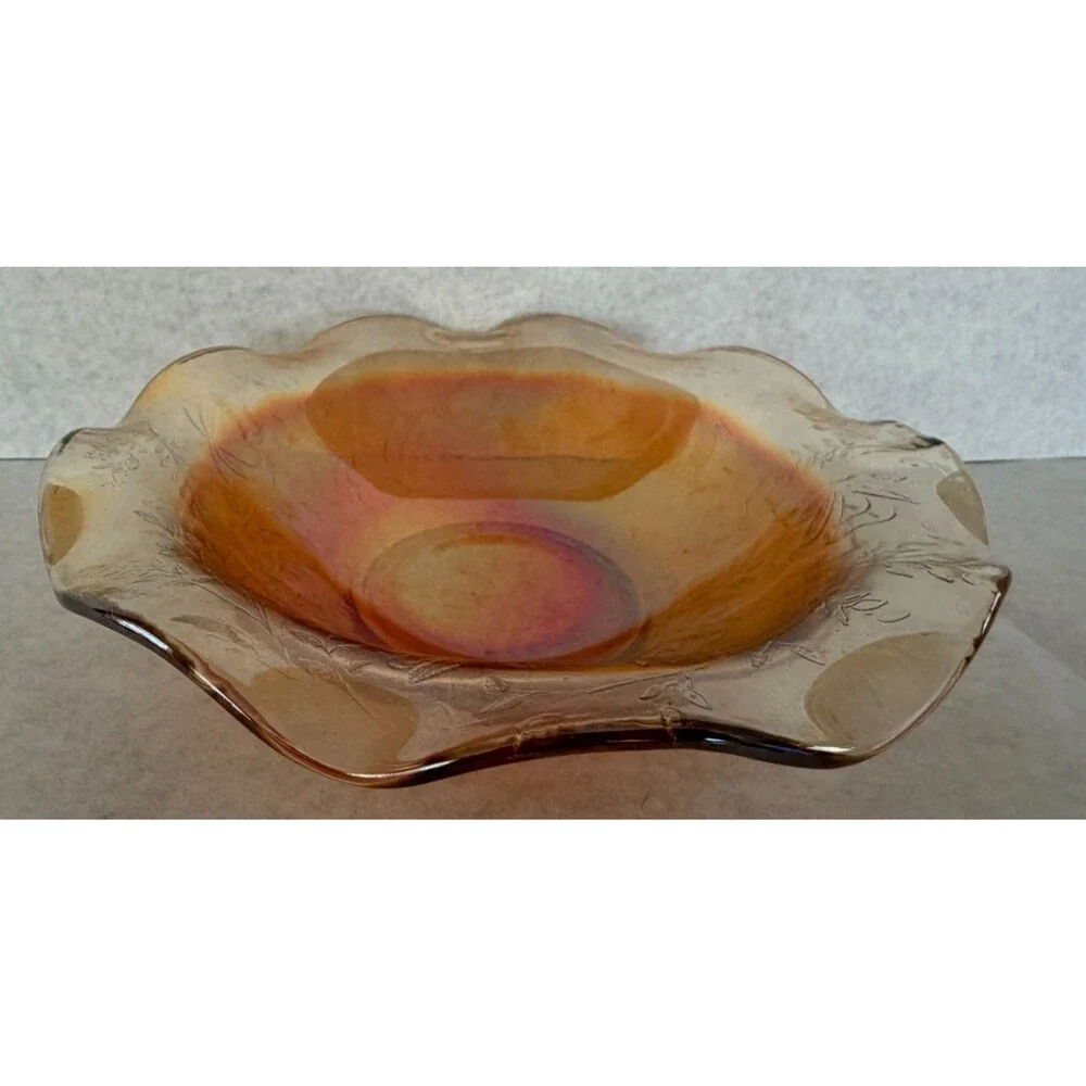 Jeannette Floragold Iridescent Ruffled Bowl, Marigold Carnival Glass